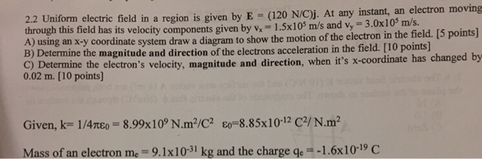 Solved Uniform electric field in a region is given by E = | Chegg.com