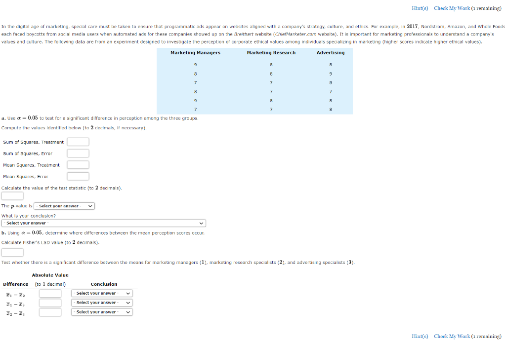 Solved a. Use α=0.05 to test for a significant difference in | Chegg.com