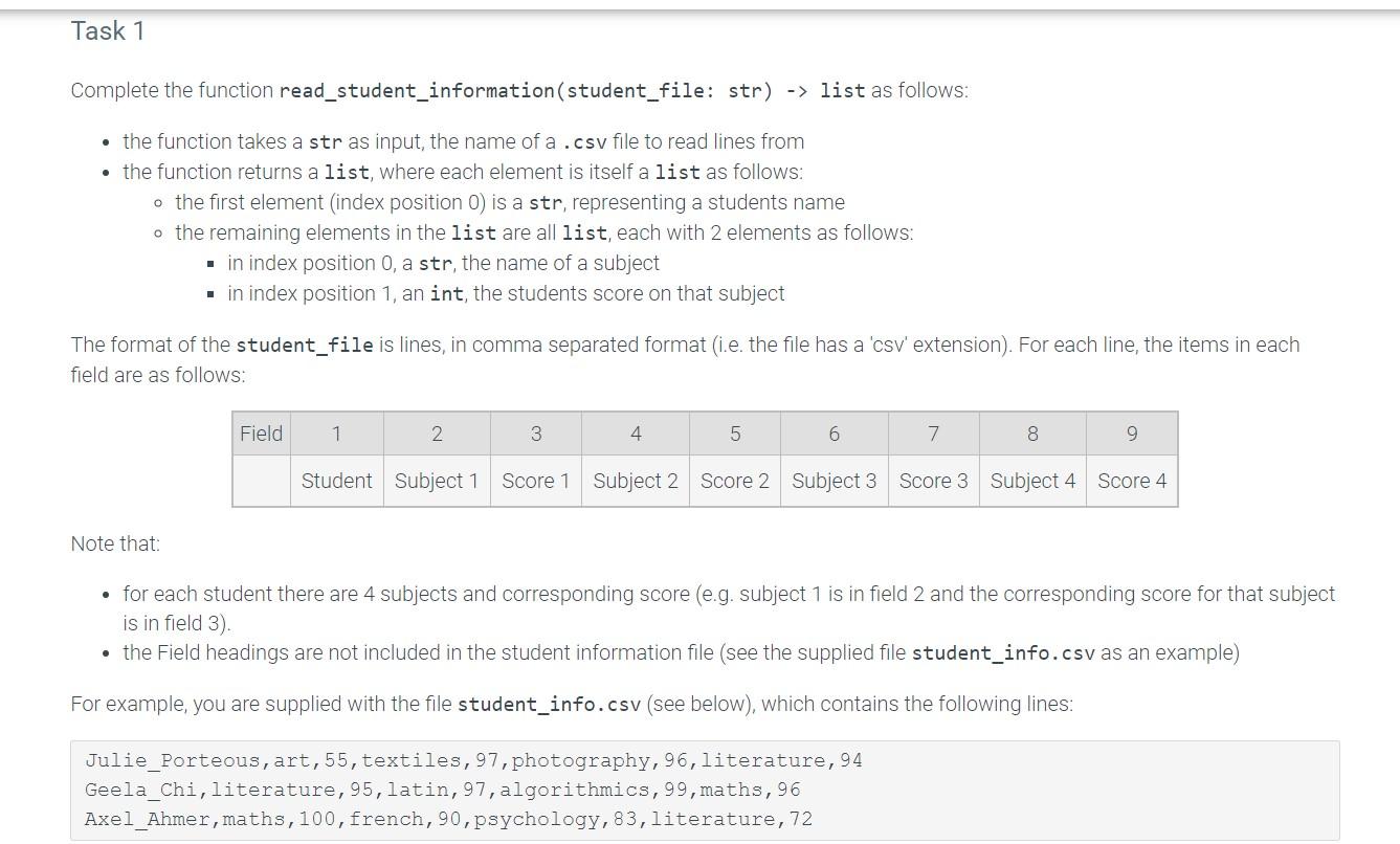 Complete the function read_student_information(student_file: str) \( \rightarrow \) list as follows:
- the function takes a s