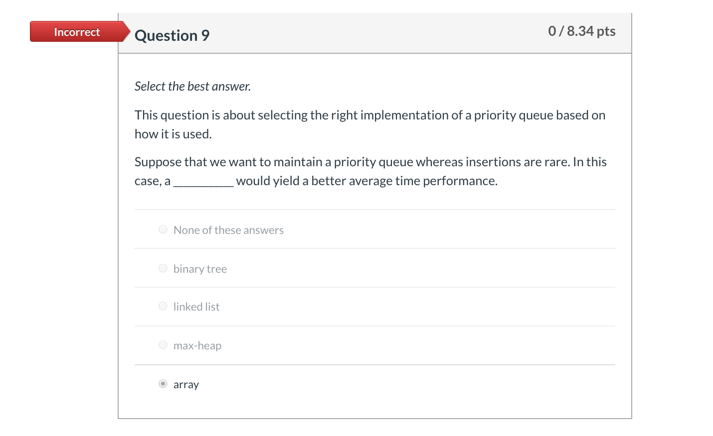 Solved Incorrect Question 9 0/8.34 pts Select the best | Chegg.com