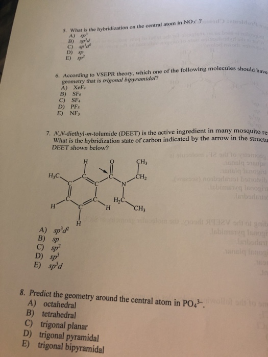 Solved ? 5. What is the hybridization on the central atom in | Chegg.com