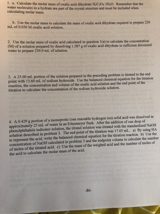 Solved 1 A Calculate The Molar Mass Of Oxalic Acid 5697