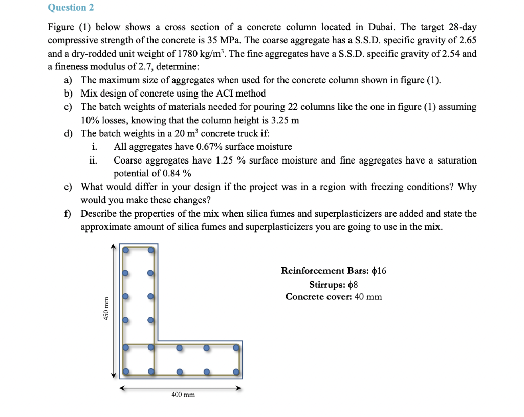 Question 2
Figure (1) below shows a cross section of a concrete column located in Dubai. The target 28-day
compressive streng