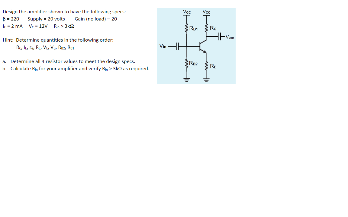 Solved Design The Amplifier Shown To Have The Following | Chegg.com