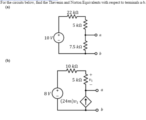 For the circuits below, find the Thevenin and Norton Equivalents with respect to terminals a-b.
(a)