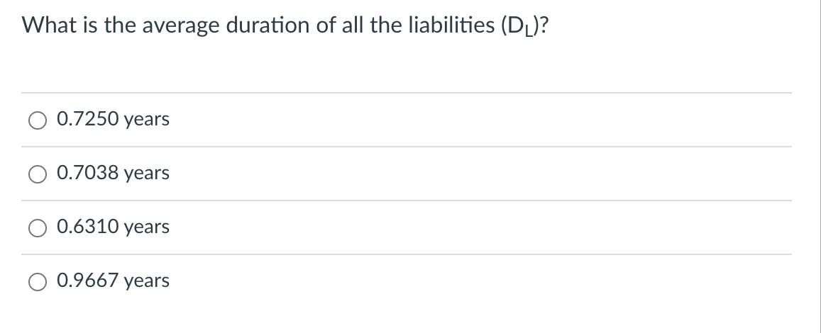 What is the average duration of all the liabilities (D?)?
0.7250 years
0.7038 years
0.6310 years
0.9667 years