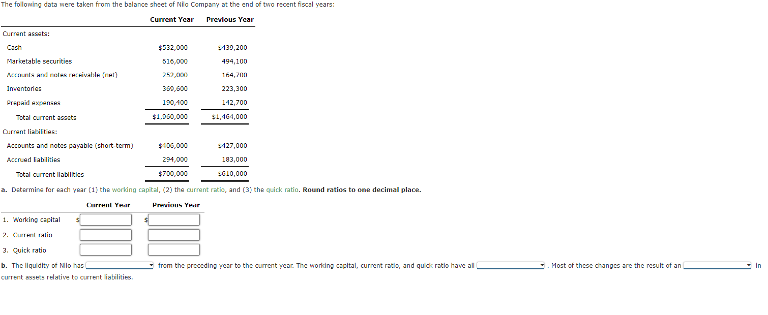 The following data were taken from the balance sheet of Nilo Company at the end of two recent fiscal years:
a. Determine for 