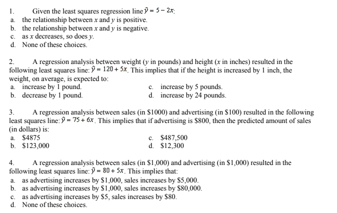 Solved 1 Given the least squares regression line -5-2x a. | Chegg.com