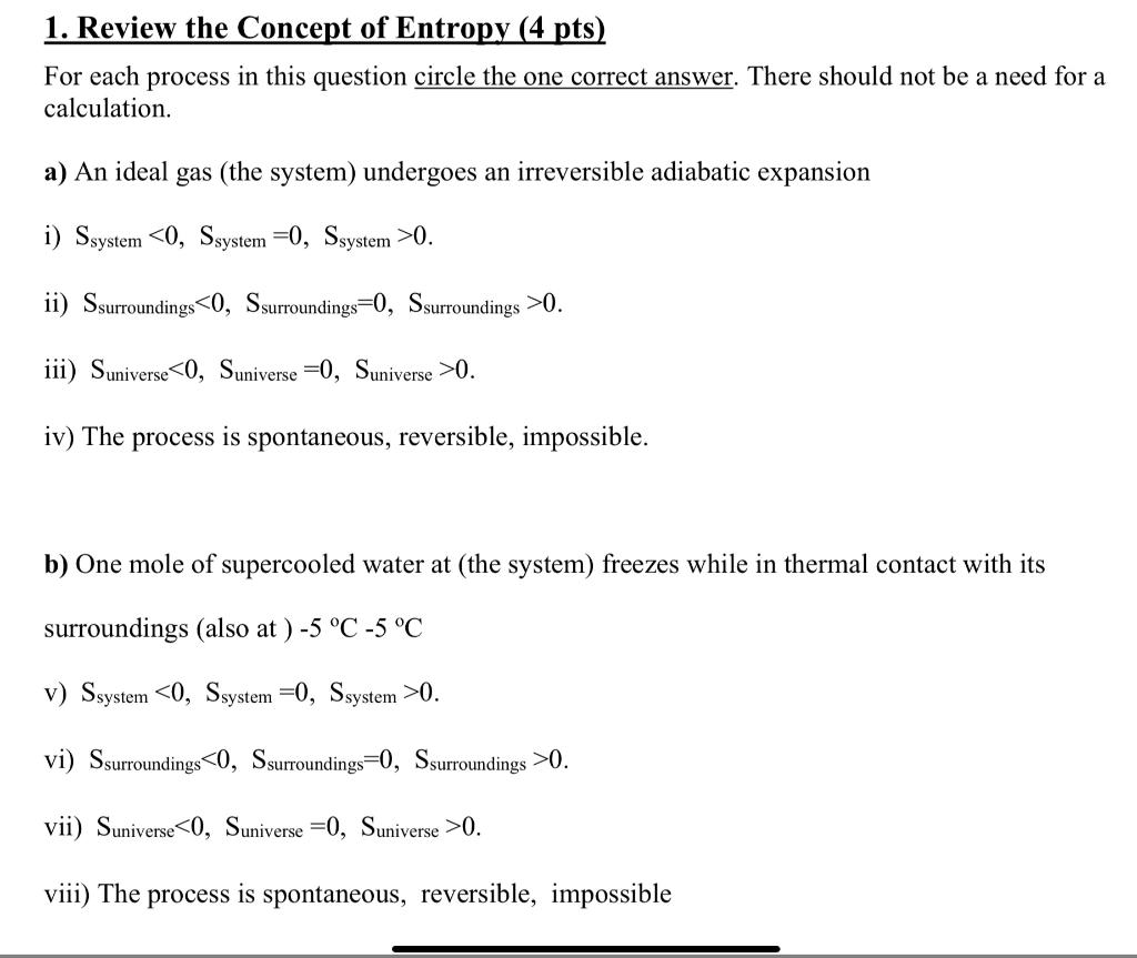 Solved 1. Review the Concept of Entropy (4 pts) For each | Chegg.com