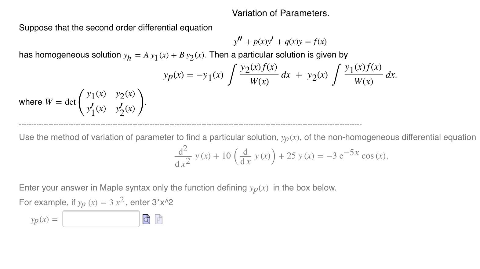 Variation Of Parameters Suppose That The Second O Chegg Com