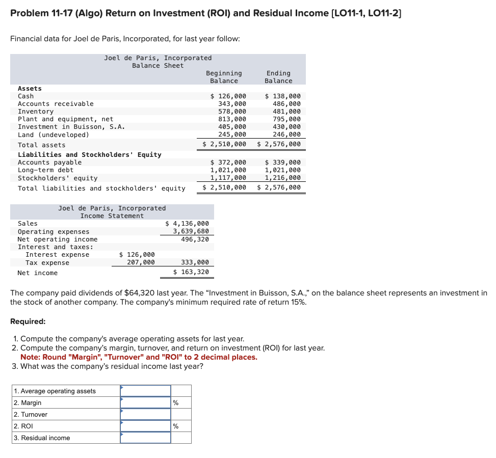 Solved Problem 11-17 (Algo) ﻿Return on Investment (ROI) ﻿and | Chegg.com