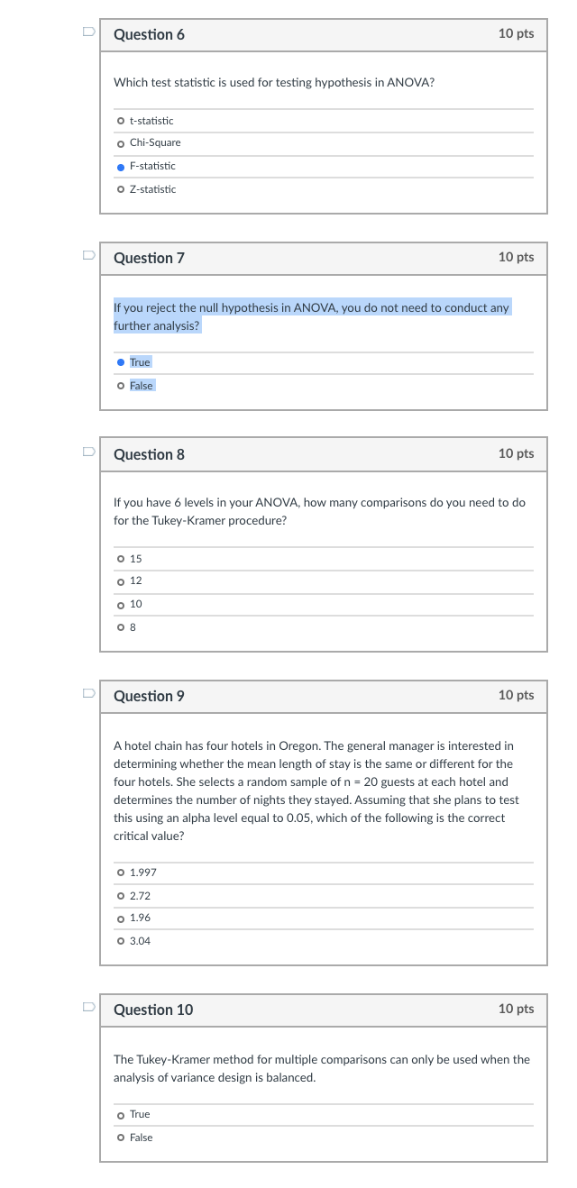 Solved Question 6 10 pts Which test statistic is used for | Chegg.com