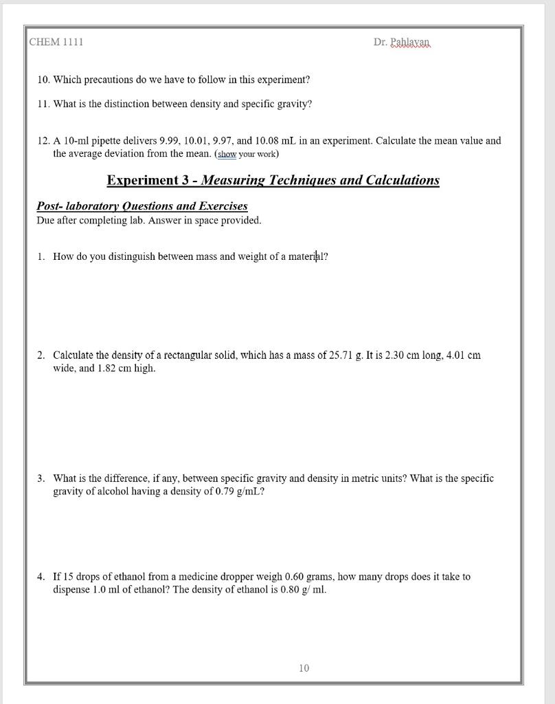 Solved CHEM 1111 Dr. Pablavan 10. Which precautions do we | Chegg.com