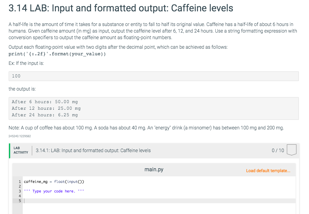 Solved 3 14 Lab Input And Formatted Output Caffeine Lev Chegg Com