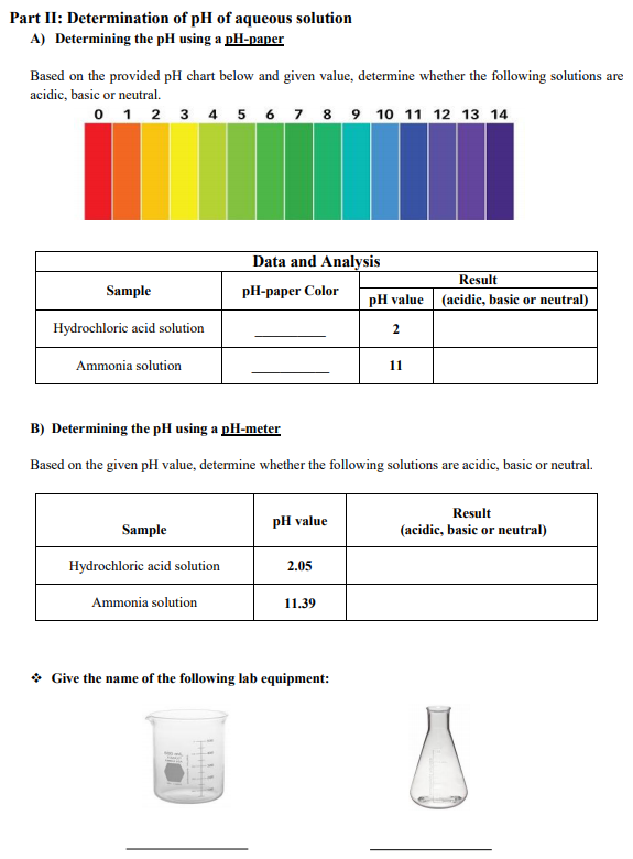 Solved Part II Determination of pH of aqueous solution A)