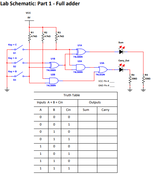 Solved Lab Schematic: Part 1 - Full adder VCC 5V R1 4.7k R2 | Chegg.com