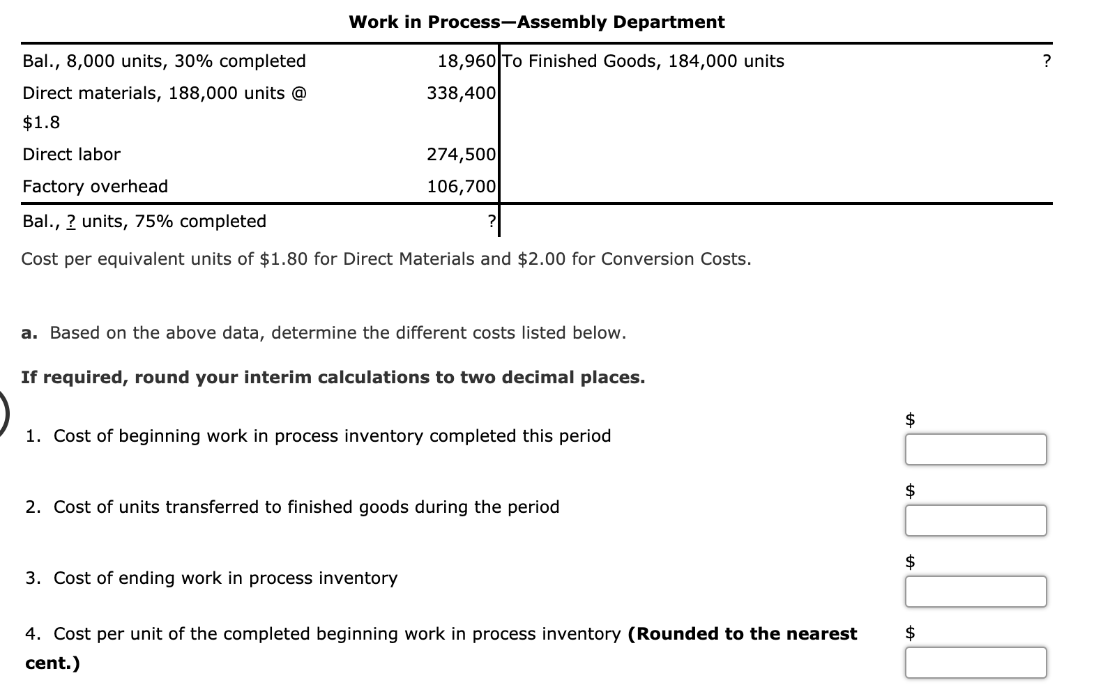 Solved Work in Process-Assembly Department ? Bal., 8,000 | Chegg.com