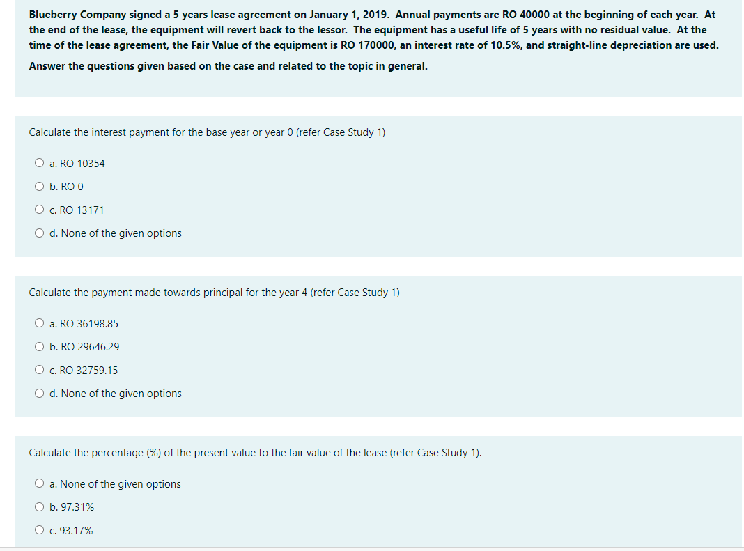 Solved Blueberry Company signed a 5 years lease agreement on Chegg