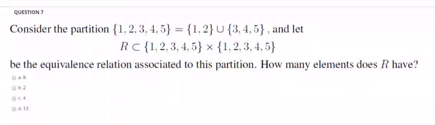 Solved QUESTION 7 Consider the partition {1, 2. 3. 4,5} = | Chegg.com