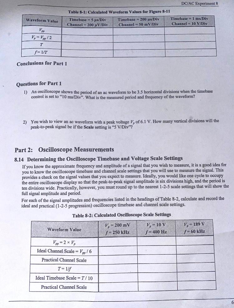 Solved Dcac Experiment 8 Table 8 1 Calculated Waveform