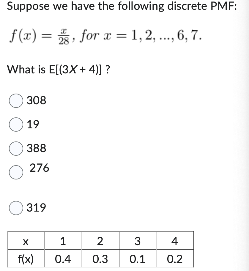 Solved Suppose we have the following discrete PMF: f(x)=28x, | Chegg.com