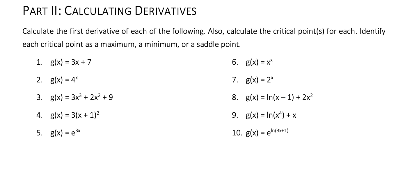 Solved PART II CALCULATING DERIVATIVES Calculate The First Chegg