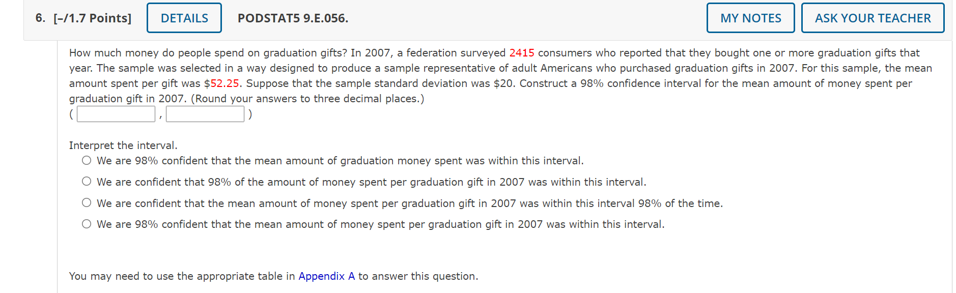 Solved 6. [-/1.7 Points] Details Podstat5 9.E.056. My Notes | Chegg.com
