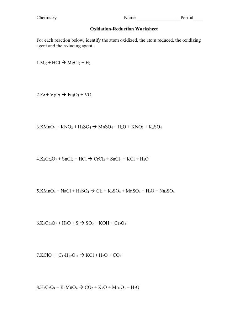 Solved Chemistry Name Period Oxidation-Reduction Worksheet  Chegg.com Throughout Oxidation And Reduction Worksheet