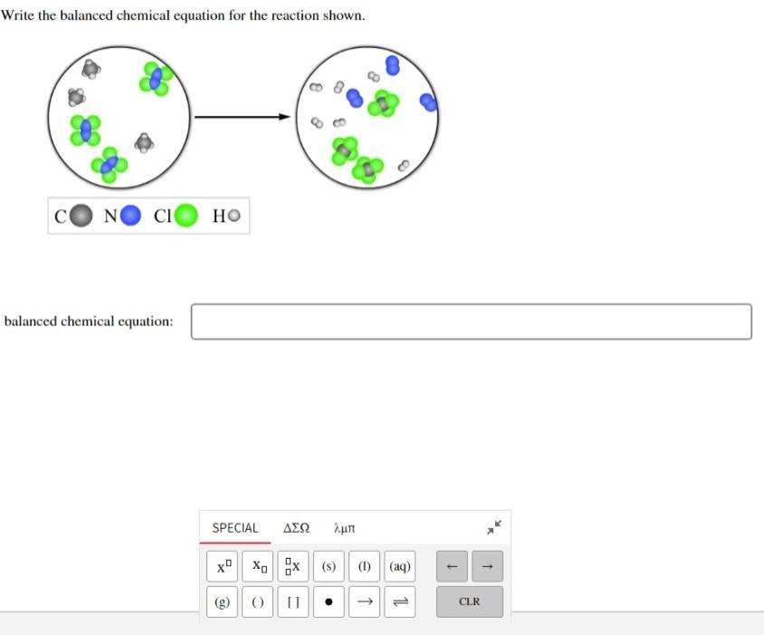 Write the balanced chemical equation for the reaction shown.
balanced chemical equation: