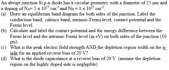Solved An abrupt junction Si p-n diode has a circular | Chegg.com