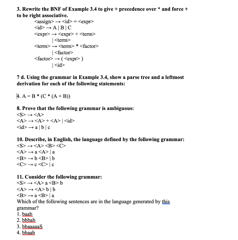 Solved 3 Rewrite The BNF Of Example 3 4 To Give Chegg Com   Php891oIq