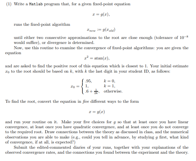 (1) Write a Matlab program that, for a given | Chegg.com