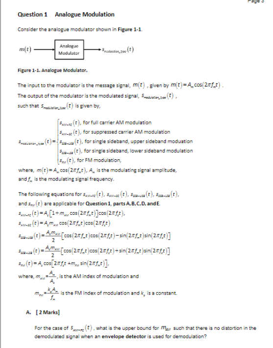 Solved Question 1 Analogue Modulation Consider the analogue | Chegg.com