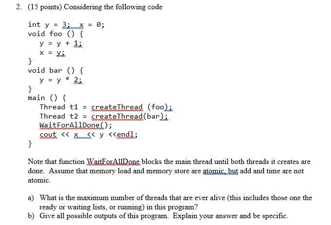 Solved 2. (15 points) Considering the following code int y X | Chegg.com