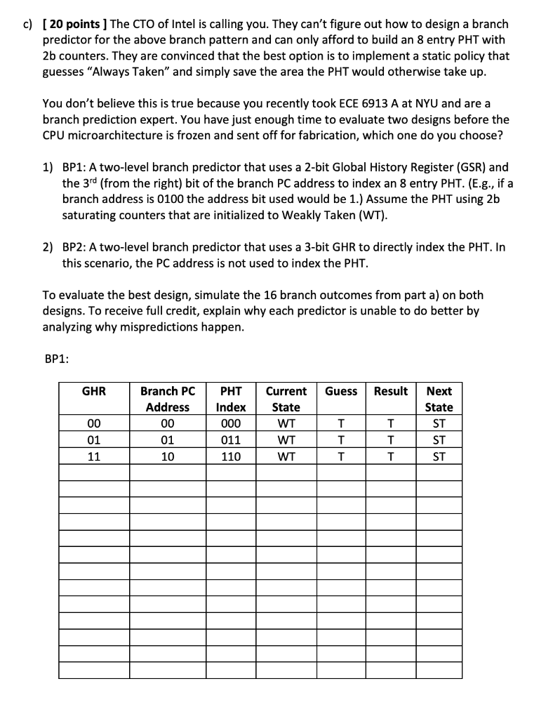 c) [20 points ] The CTO of Intel is calling you. They cant figure out how to design a branch predictor for the above branch