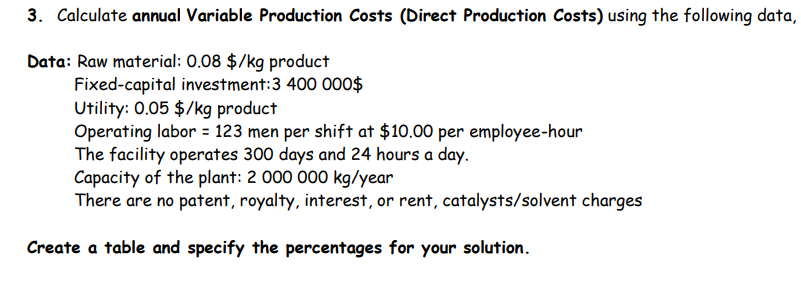 Solved 3. Calculate annual Variable Production Costs (Direct | Chegg.com