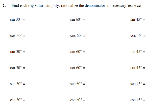 Solved 2. Find each trig value; simplify; rationalize the | Chegg.com