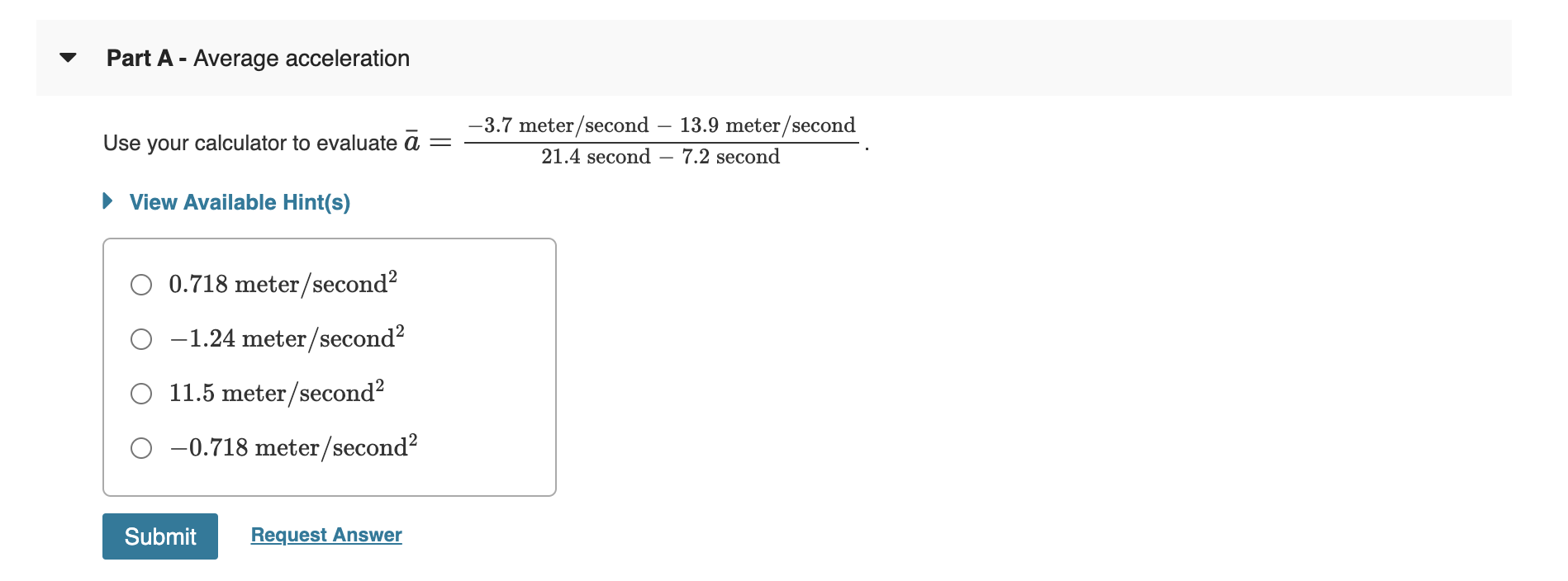 Solved Part A - Average acceleration Use your calculator to | Chegg.com