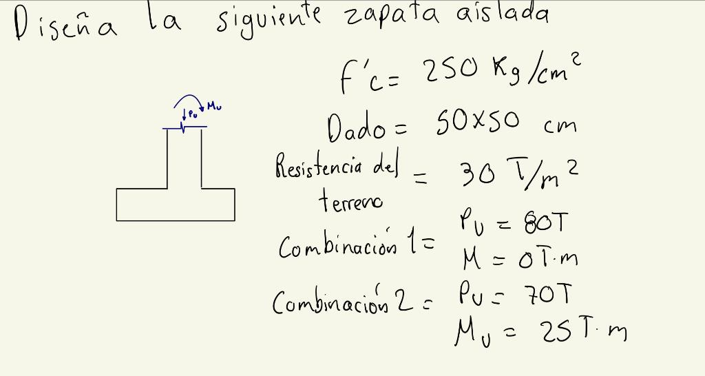 Diseña la siguiente zapata aislada \[ \begin{aligned} f_{c}^{\prime}= & 250 \mathrm{Kg} / \mathrm{cm}^{2} \\ \text { Dado }=