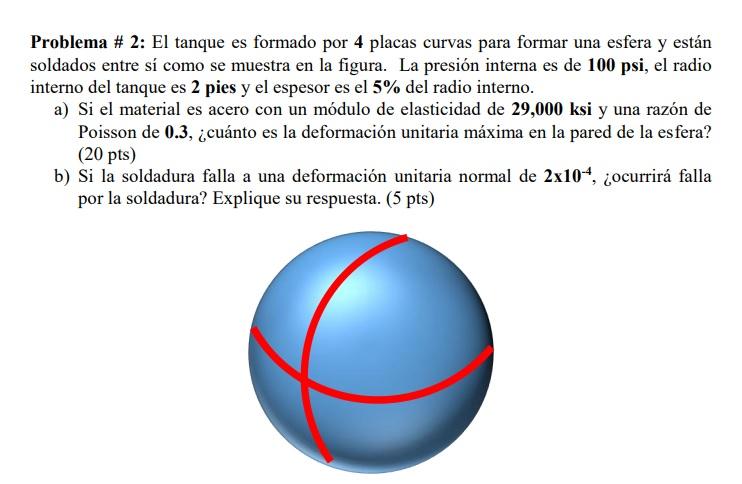 Problema \# 2: El tanque es formado por 4 placas curvas para formar una esfera y están soldados entre sí como se muestra en l