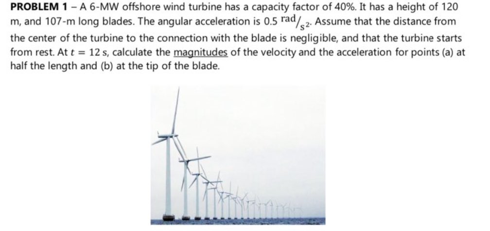 PROBLEM 1 - A 6-MW offshore wind turbine has a capacity factor of \( 40 \% \). It has a height of 120 \( \mathrm{m} \), and 1