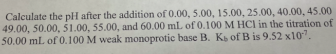 Solved Calculate the pH after the addition of 0.00, 5.00, | Chegg.com