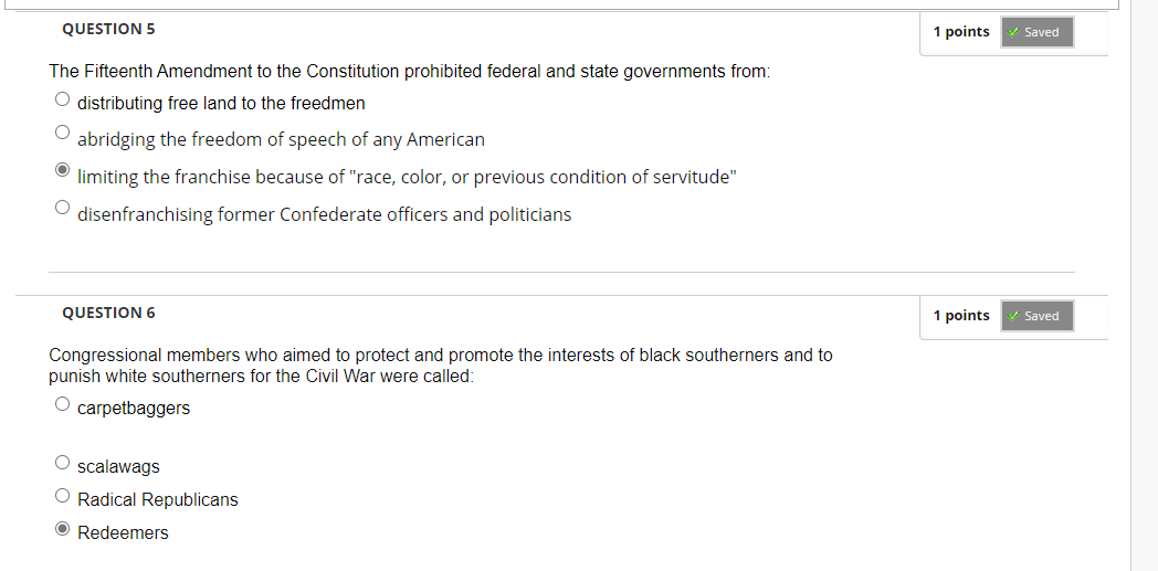 Solved QUESTION 5 1 points Saved The Fifteenth Amendment to | Chegg.com