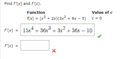 Solved Find f′(x) and f′(c). Function Value of C | Chegg.com