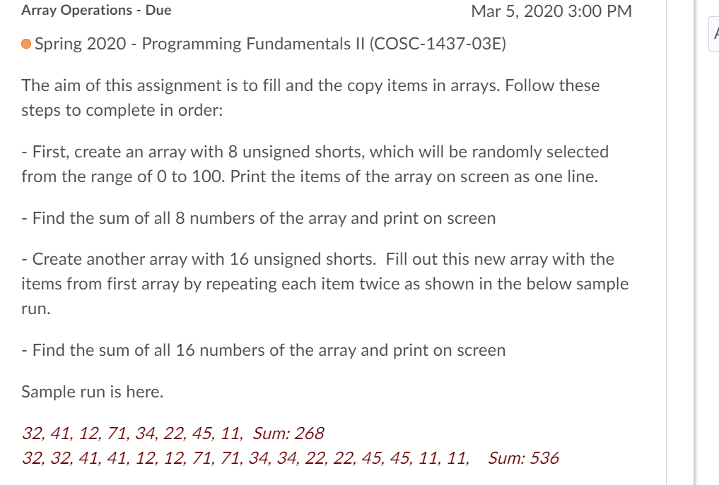 Solved Array Operations - Due Mar 5, 2020 3:00 PM • Spring | Chegg.com