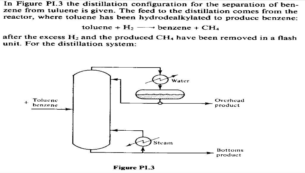 In Figure PI. 3 the distillation configuration for the separation of benzene from tuluene is given. The feed to the distillat