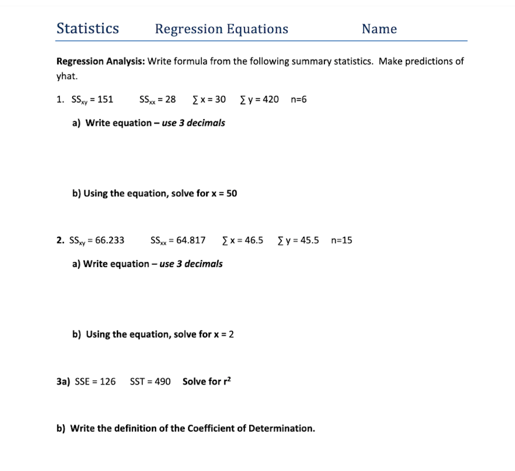 Solved Statistics Regression Equations Name Regression | Chegg.com