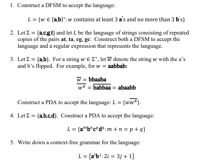 Solved 1 Construct Dfsm Accept Language L W B W Contains Least 3 S 3 B S 2 Let Acgt Let L Languag Q