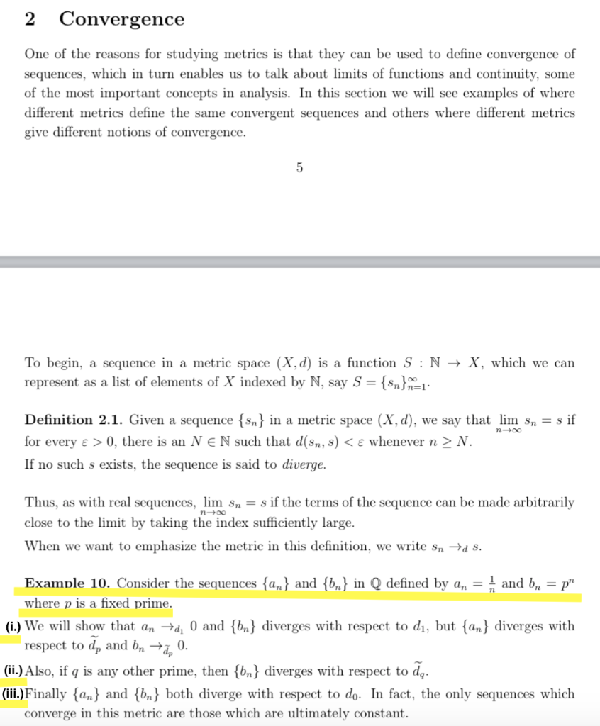Solved 2 Convergence One of the reasons for studying metrics | Chegg.com