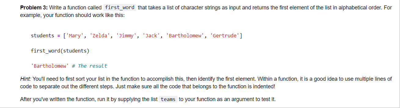 Solved Problem 3: Write a function called first_word that | Chegg.com